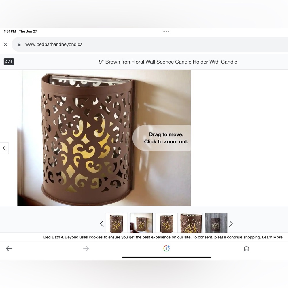9" Brown Iron Floral Wall Sconce Candle Holder With Mirror Background & Candle
